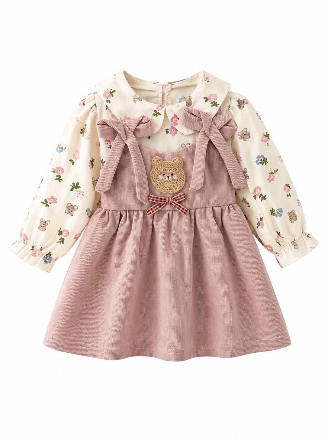 VESTIDO NIÑA FLORAL CREMA CON PANEL PANA ROSA — vestido para niña