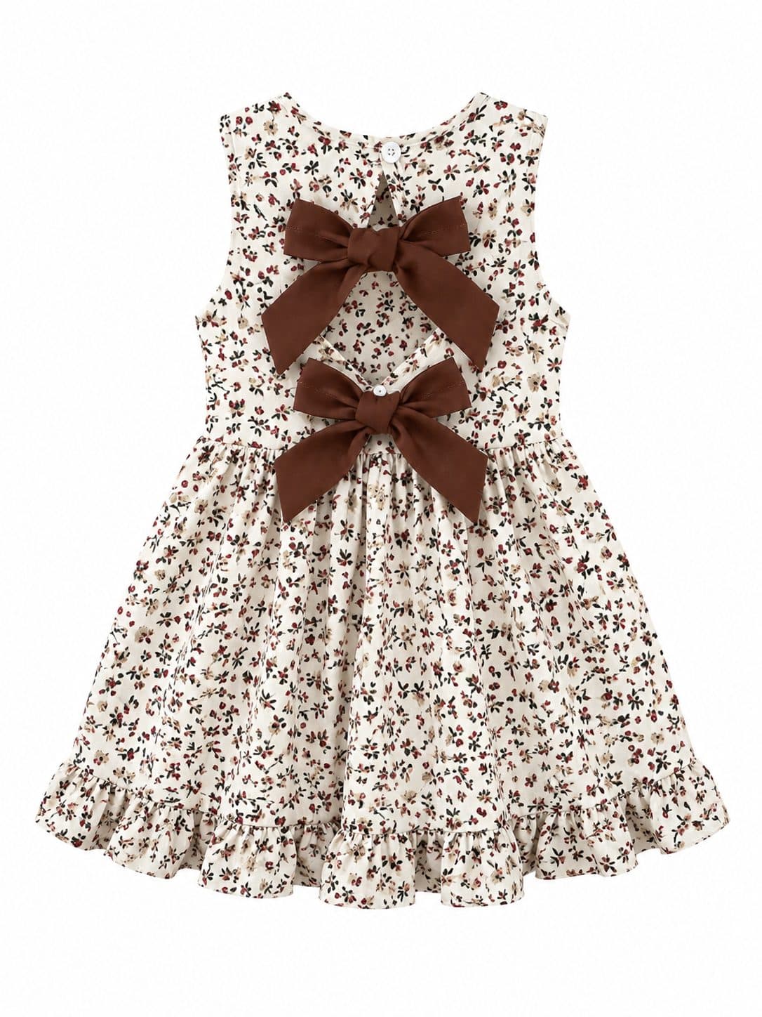 VESTIDO NIÑA FLORAL CREMA CON LAZOS CHOCOLATE — vestido para niña