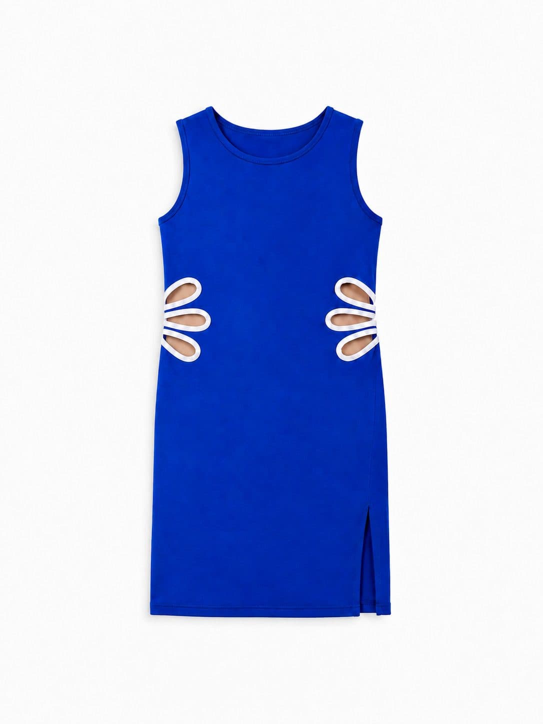 VESTIDO NIÑA AZULINO FLOR CUT-OUT LATERAL — vestido para niña