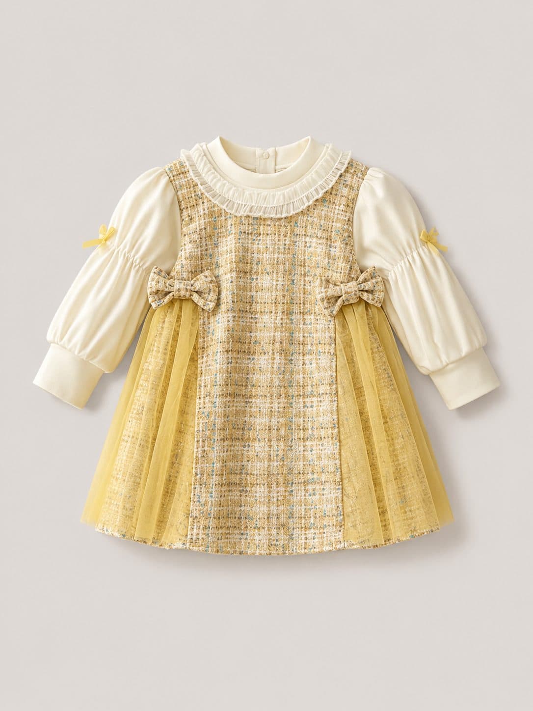 VESTIDO AMARILLO TWEED CON TUL Y MOÑOS — vestido para niña