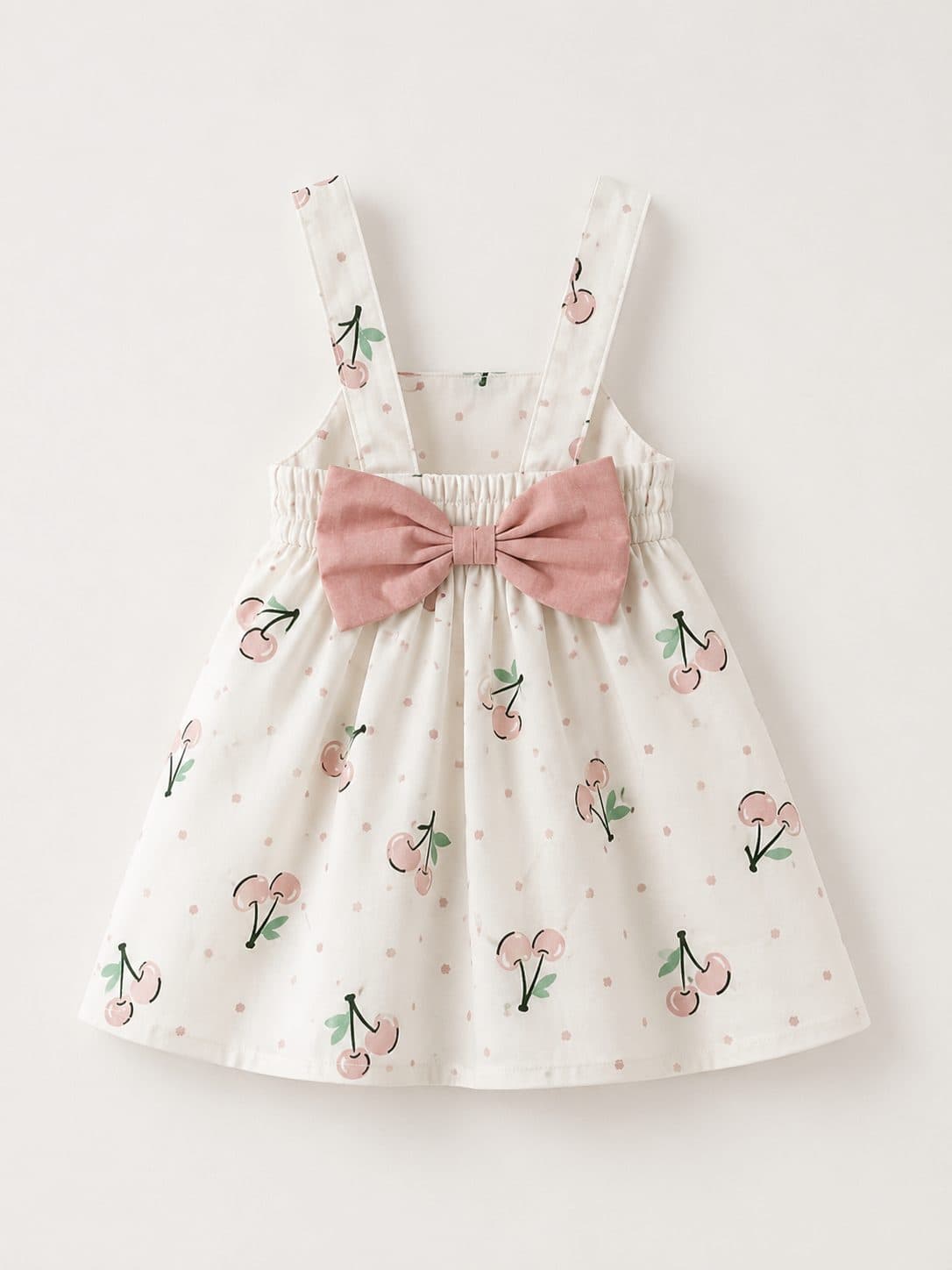 VESTIDO BLANCO CON CEREZAS Y MOÑO ROSA — vestido para niña