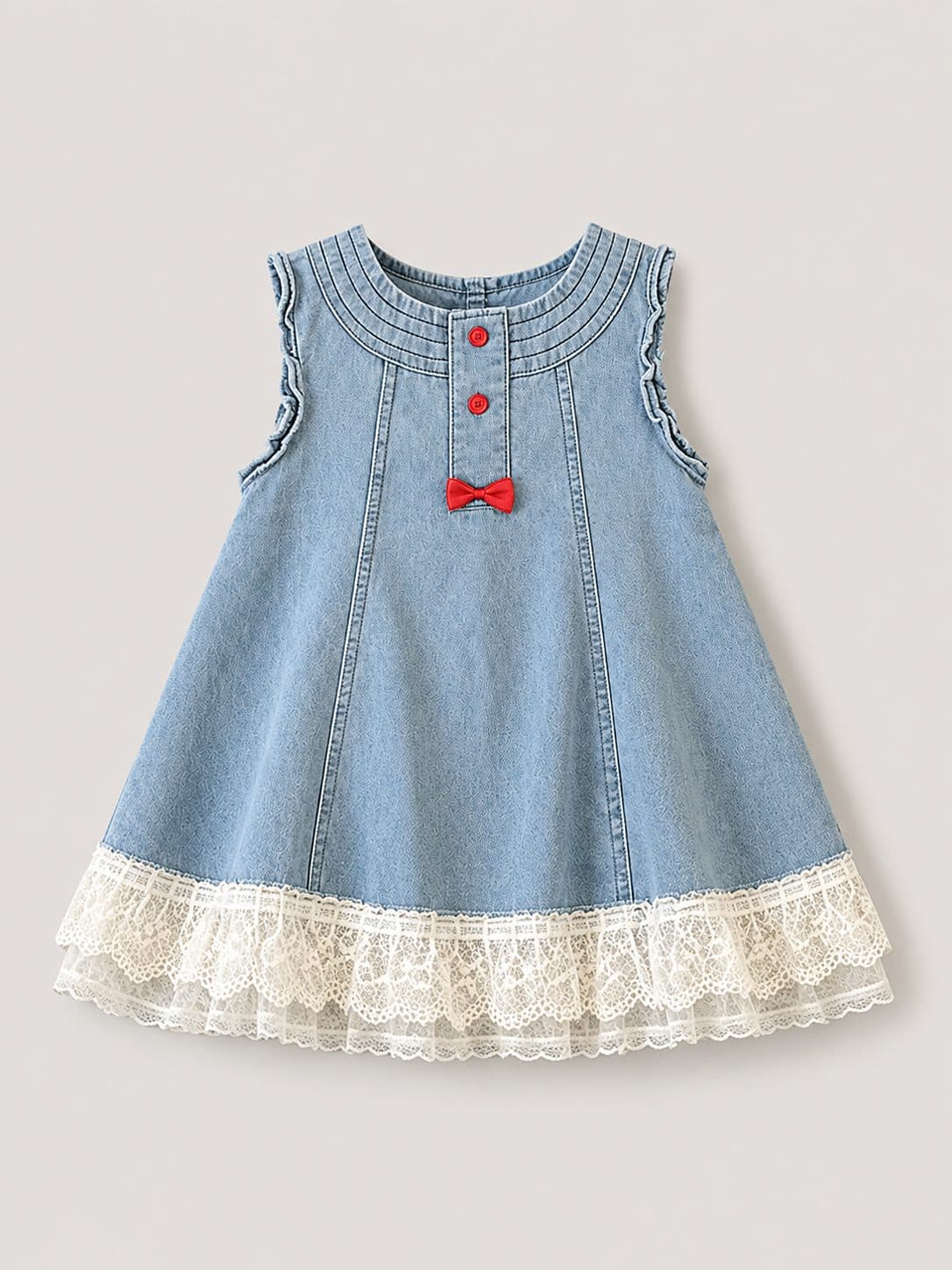 VESTIDO DENIM CON ENCAJE Y MOÑO ROJO — vestido para niña