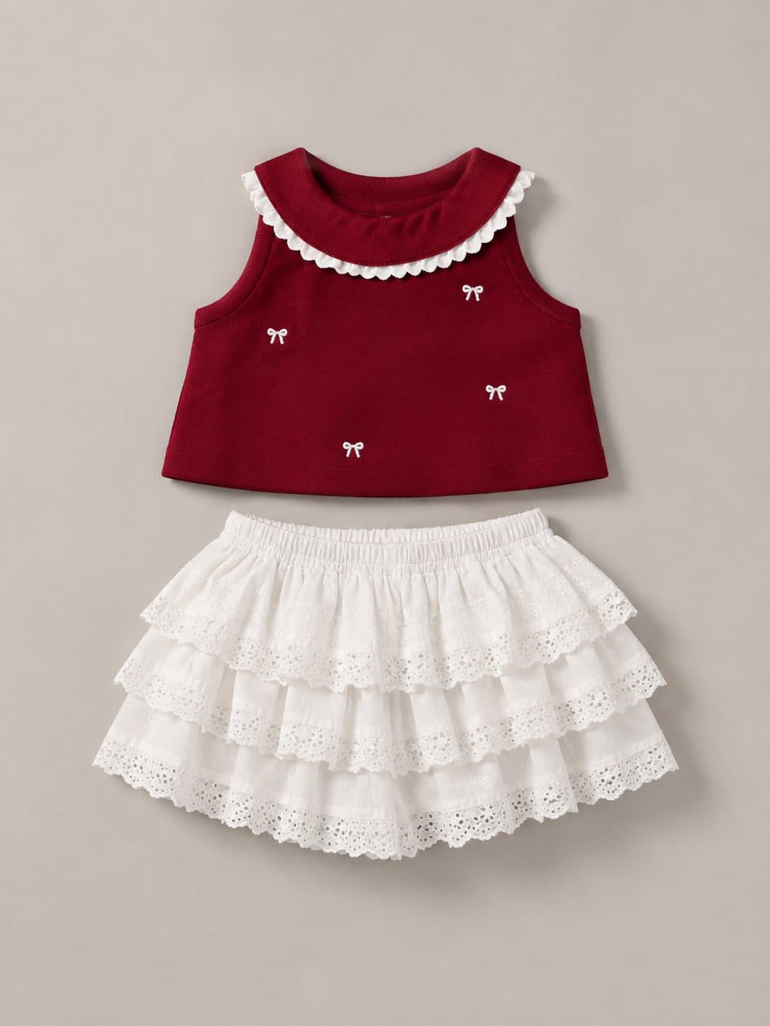 CONJUNTO VINO CON FALDA DE ENCAJE BLANCO — conjunto para niña