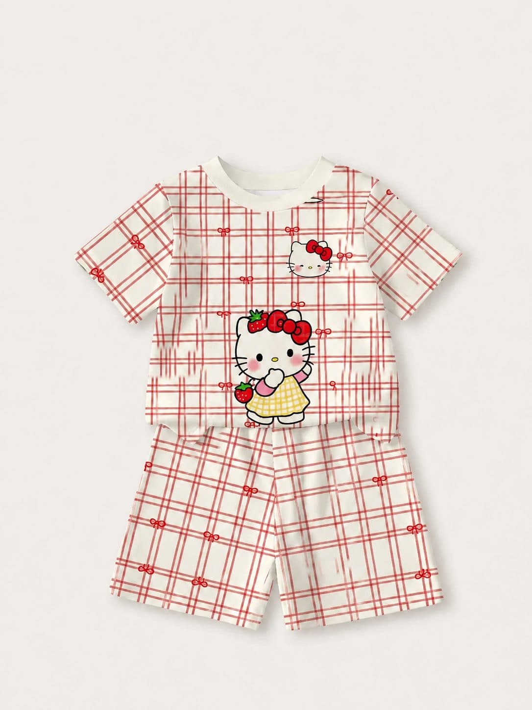 CONJUNTO BLANCO A CUADROS CON HELLO KITTY Y FRESAS — conjunto para niña