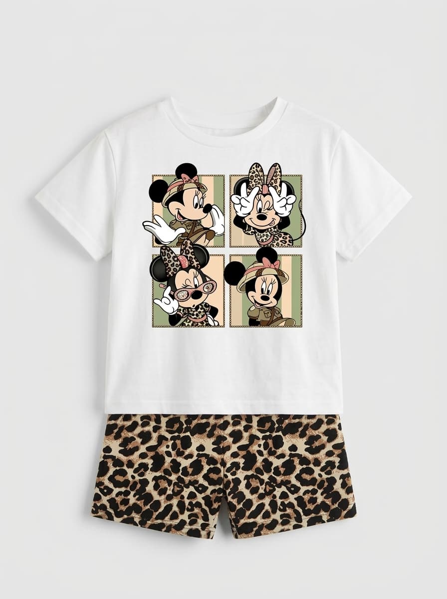 CONJUNTO BLANCO CON MINNIE SAFARI Y SHORT ANIMAL PRINT — conjunto para niña