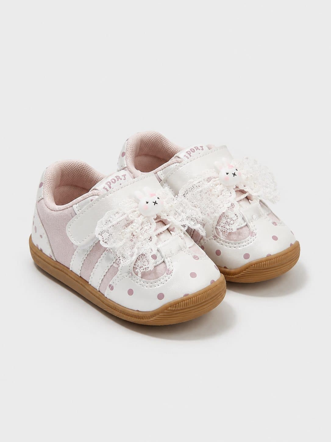 ZAPATILLAS BLANCAS CON ENCAJE Y DETALLES ROSADOS — zapatos para niña