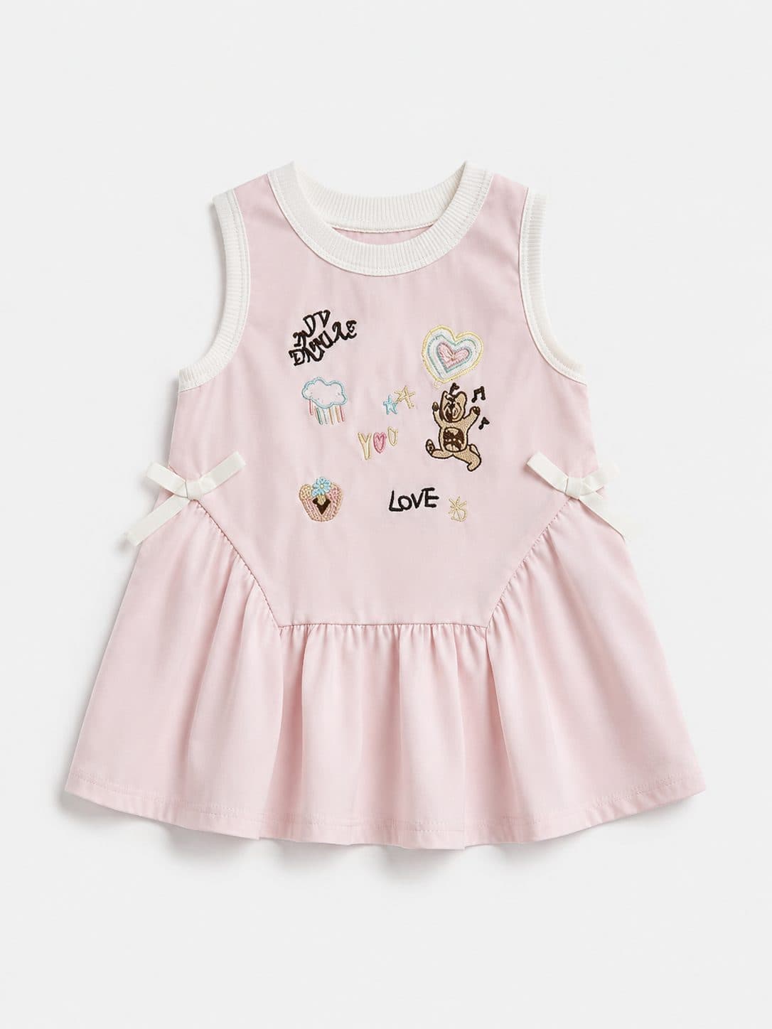 VESTIDO ROSADO CON ESTAMPADO Y LAZOS — vestido para niña