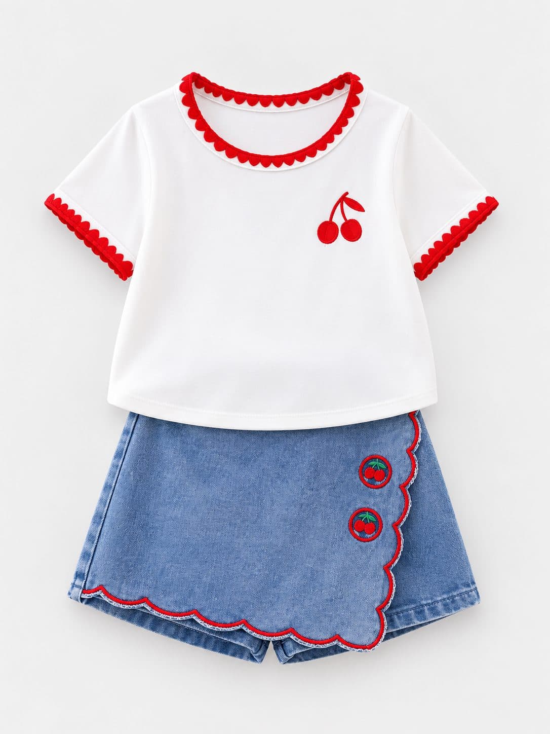 CONJUNTO DE POLO CON CEREZAS Y SHORT FALDA JEAN — conjunto para niña