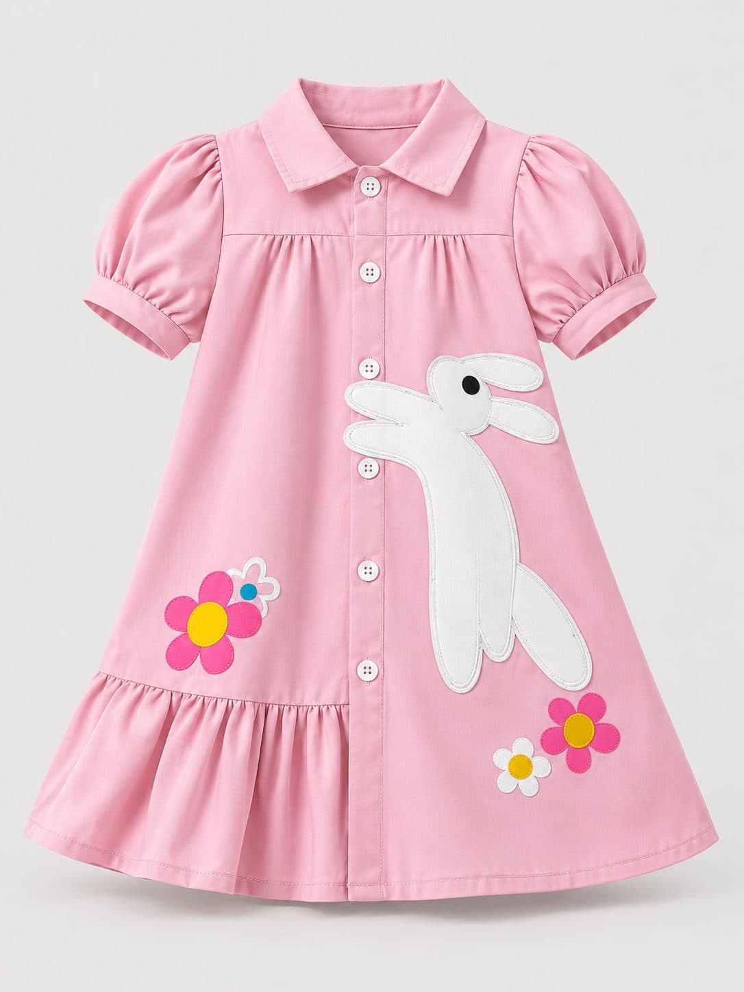 VESTIDO ROSADO CON CONEJITO Y FLORES — vestido para niña