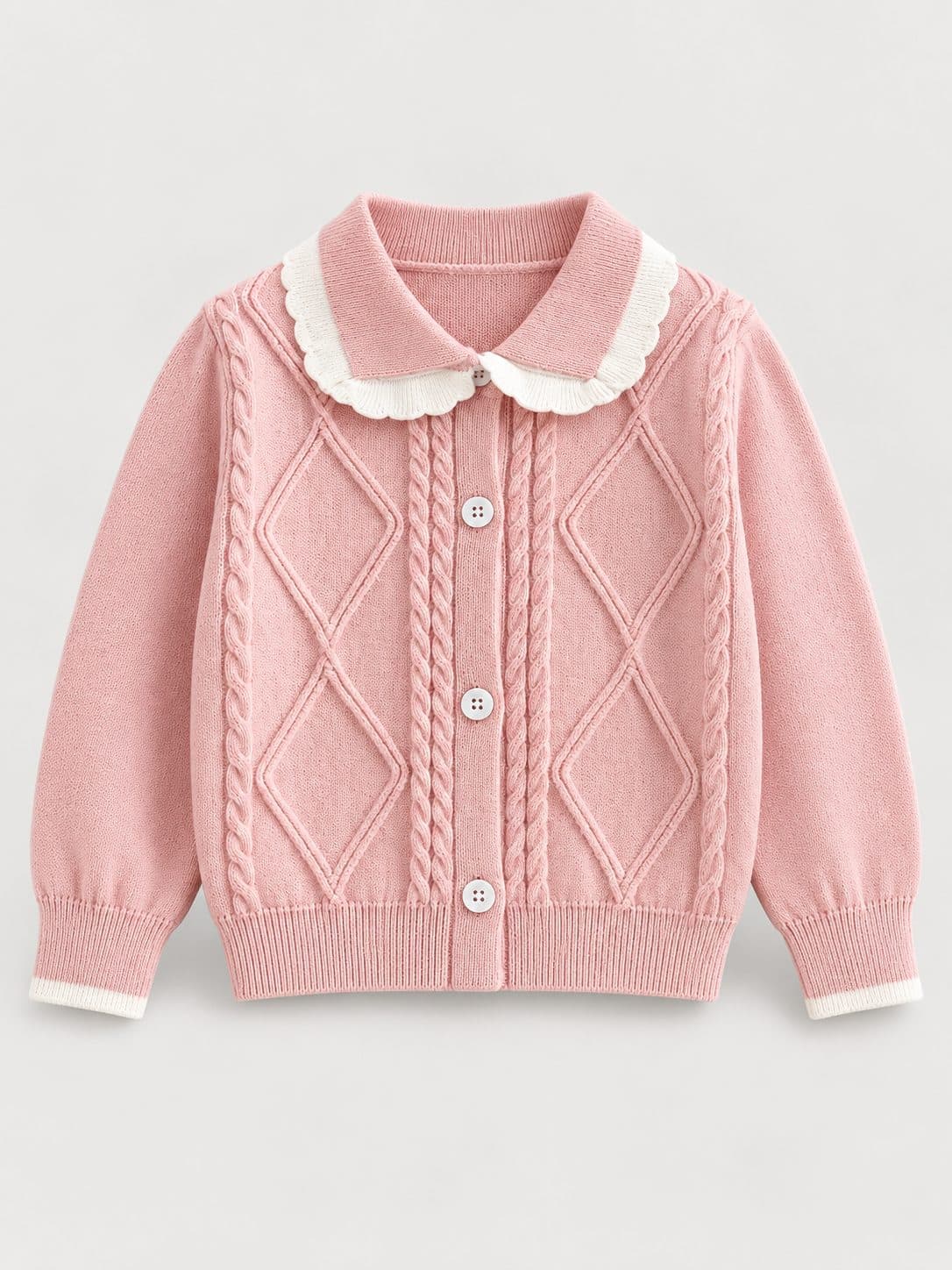 CÁRDIGAN TEJIDO ROSADO CON CUELLO BLANCO — casaca para niña