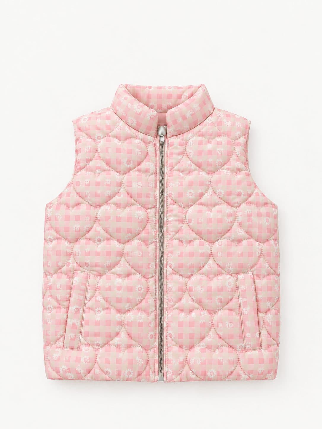 CHALECO ROSA ACOLCHADO CON CORAZONES Y FLORES — casaca para niña